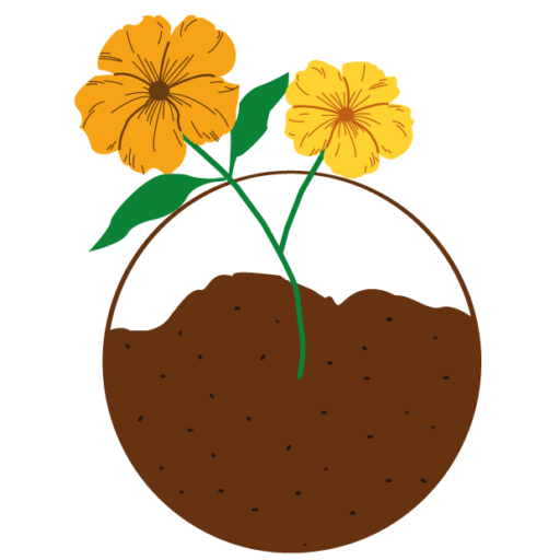 Illustratie van ons logo: een eenvoudige tekening van twee bloemen met groene bladeren die groeien uit bruine aarde in een cirkel, die een focus op natuur en groei symboliseert.